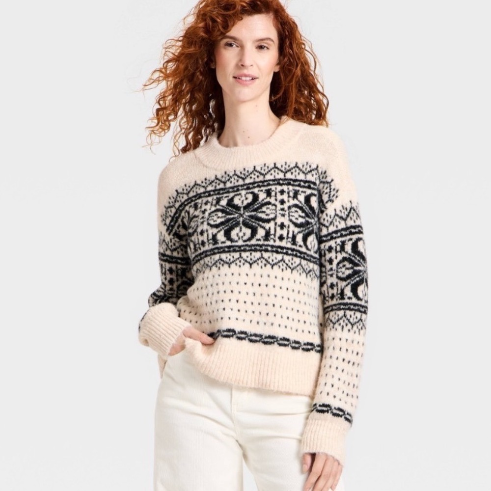 Universal Thread Alpine Hotel 025 Fair Isle Crewneck Sweater Cream Black XL NEW